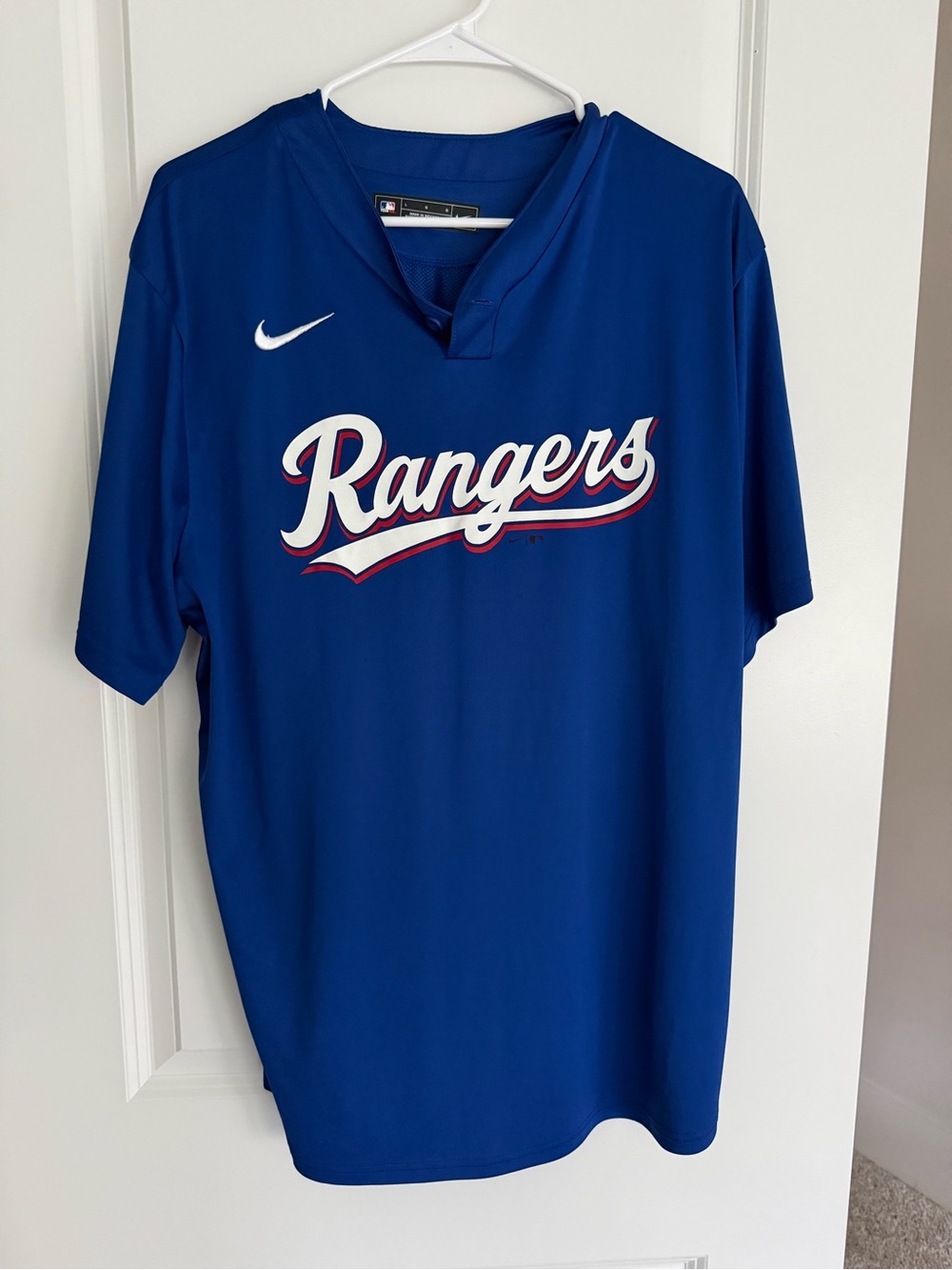 Nike Royal Blue Rangers Script Baseball Jersey